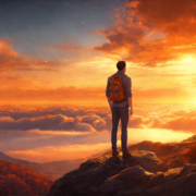 A handsome man looking up, bending a bright universe, bright orange sunrise, crystal clear clarity, photo realistic