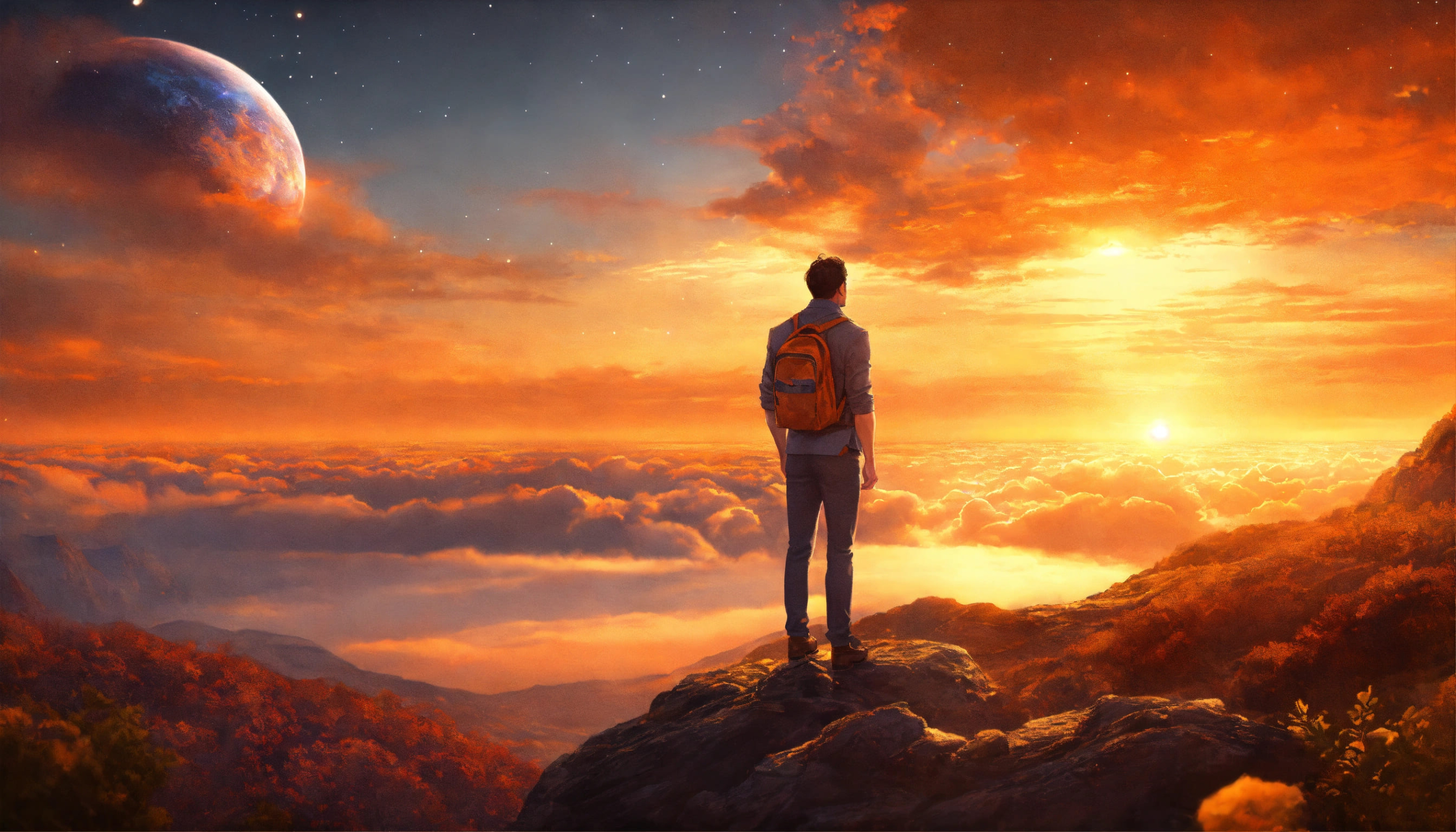 A handsome man looking up, bending a bright universe, bright orange sunrise, crystal clear clarity, photo realistic