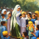 A painting depicting a great muslim woman teacher and children saluting on teacher's day these children have a book in their hands and teacher hand flowers