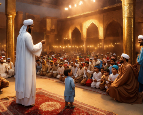 story of "ایک بچے کے ایمان کی ازمائش" (a test of a child's faith) as described in the provided text. capture the key moments and emotions of the story, including confrontation visualize the anger of the community leaders as they bring ibrahim in front of the crowd. ibrahim's faith highlight ibrahim's unwavering faith as he stands firm in his belief in allah. ibrahim removing the idols illustrate ibrahim courageously removing the idols and breaking them. triumph and success show ibrahim with a sense of accomplishment after he has removed the idols, with a smile on his face.