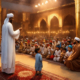 story of "ایک بچے کے ایمان کی ازمائش" (a test of a child's faith) as described in the provided text. capture the key moments and emotions of the story, including confrontation visualize the anger of the community leaders as they bring ibrahim in front of the crowd. ibrahim's faith highlight ibrahim's unwavering faith as he stands firm in his belief in allah. ibrahim removing the idols illustrate ibrahim courageously removing the idols and breaking them. triumph and success show ibrahim with a sense of accomplishment after he has removed the idols, with a smile on his face.