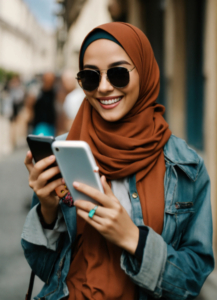 Girl, hijab, holds cellphone, wear sunglasses, big smile