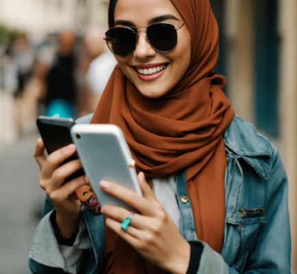Girl, hijab, holds cellphone, wear sunglasses, big smile