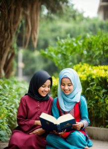 A peaceful school children with hijab looking her mother with hijab, and listening the story about prophet. she smile and looking a book