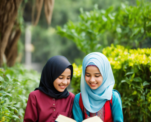 A peaceful school children with hijab looking her mother with hijab, and listening the story about prophet. she smile and looking a book