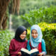 A peaceful school children with hijab looking her mother with hijab, and listening the story about prophet. she smile and looking a book