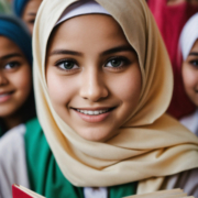 A peaceful school children with hijab looking into front of camera, she smile and looking a book