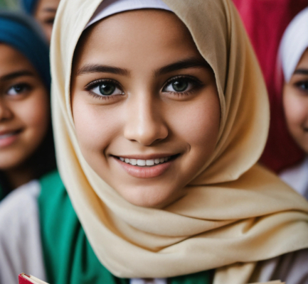 A peaceful school children with hijab looking into front of camera, she smile and looking a book