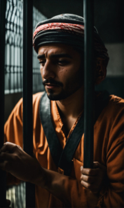 A middle eastern man in a prison crying behind bars