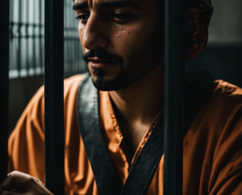 A middle eastern man in a prison crying behind bars